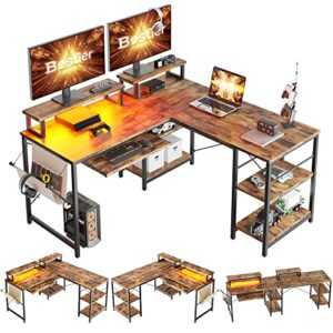 bestier l shaped gaming desk with led light 95.2 inch computer corner desk or 2 person long table with shelves monitor stand and keyboard tray for home office, rustic brown