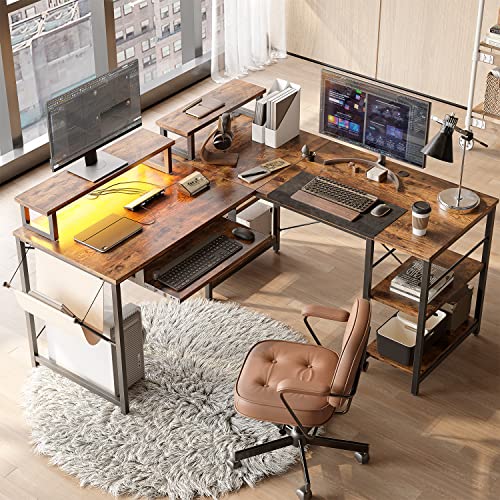 Bestier L Shaped Gaming Desk with Led Light 95.2 Inch Computer Corner Desk or 2 Person Long Table with Shelves Monitor Stand and Keyboard Tray for Home Office, Rustic Brown
