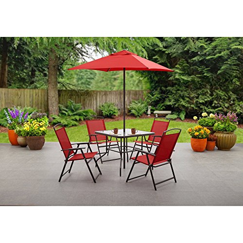 Mainstays Albany Lane 6-Piece Folding Dining Set (Includes Dining table, Folding chairs and Umbrella), Red