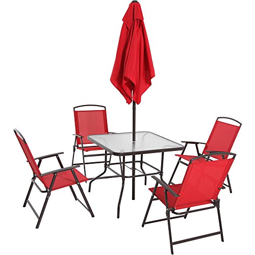 Mainstays Albany Lane 6-Piece Folding Dining Set (Includes Dining table, Folding chairs and Umbrella), Red