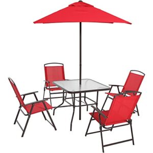 Mainstays Albany Lane 6-Piece Folding Dining Set (Includes Dining table, Folding chairs and Umbrella), Red