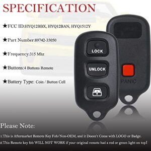 Key Fob Remote Replacement Fits for Toyota 4Runner 1999 2000 2001 2002 2003 2004 2005 2006 2007-2009/Sequoia 2001-2008 HYQ12BBX Keyless Entry Remote Control HYQ12BAN/HYQ1512Y/89742-35050(Pack of 2)