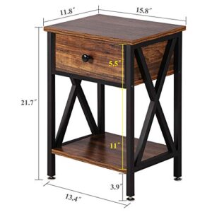 VECELO Modern Versatile Nightstands X-Design Side End Table Night Stand Storage Shelf with Bin Drawer for Living Room Bedroom, Brown+Black