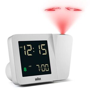 braun digital projection alarm clock with 4 backlight options, negative lcd display, quick set, beep alarm in white, model bc15w