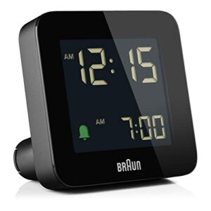 braun digital alarm clock with snooze, negative lcd display, quick set, crescendo beep alarm in black, model bc09b