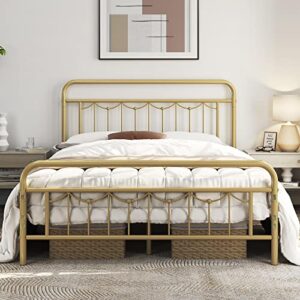 yaheetech queen size metal bed frame with vintage headboard and footboard, farmhouse metal platform bed, heavy duty steel slat support, ample under-bed storage, no box spring needed, antique gold