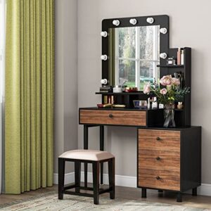 tribesigns vintage vanity table with lighted mirror, vintage makeup dressing table with large drawer and 3-drawer chest, dresser table for women (brown, stool not included) (brown/black)