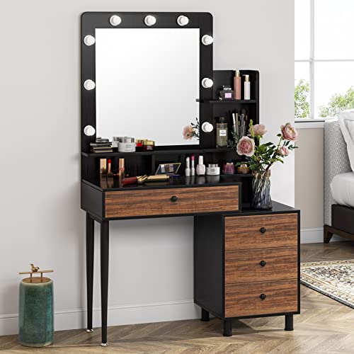 Tribesigns Vintage Vanity Table with Lighted Mirror, Vintage Makeup Dressing Table with Large Drawer and 3-Drawer Chest, Dresser Table for Women (Brown, Stool NOT Included) (Brown/Black)