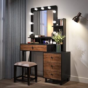 Tribesigns Vintage Vanity Table with Lighted Mirror, Vintage Makeup Dressing Table with Large Drawer and 3-Drawer Chest, Dresser Table for Women (Brown, Stool NOT Included) (Brown/Black)