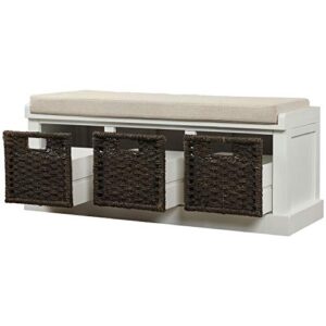 Harper&Bright Designs Entryway Storage Bench Rustic Storage Bench with 3 Removable Basket, Shoe Bench Storage Bench with Removable Cushion for Living Room, Entryway, Hallway (White)