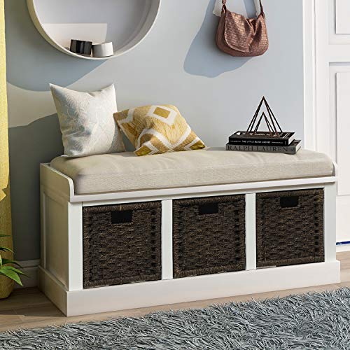 Harper&Bright Designs Entryway Storage Bench Rustic Storage Bench with 3 Removable Basket, Shoe Bench Storage Bench with Removable Cushion for Living Room, Entryway, Hallway (White)