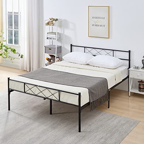 VECELO Metal Platform Bed Frame Mattress Foundation with Headboard & Footboard / Firm Support & Easy Set up Structure, Full, Black