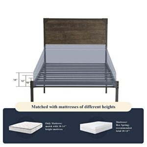 Allewie Twin Size Bed Frame with Wood Headboard, Metal Platform Frame with Strong Slats and Rivet Decoration, Easy Assembly, No Box Spring Needed, Noise Free, Brown