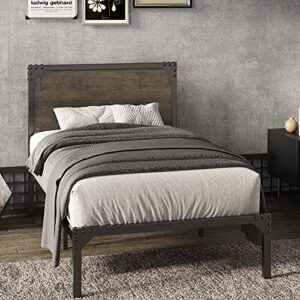 allewie twin size bed frame with wood headboard, metal platform frame with strong slats and rivet decoration, easy assembly, no box spring needed, noise free, brown