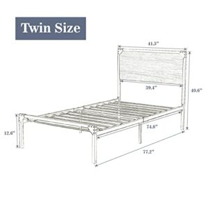 Allewie Twin Size Bed Frame with Wood Headboard, Metal Platform Frame with Strong Slats and Rivet Decoration, Easy Assembly, No Box Spring Needed, Noise Free, Brown