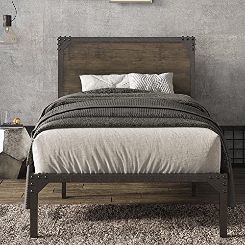 Allewie Twin Size Bed Frame with Wood Headboard, Metal Platform Frame with Strong Slats and Rivet Decoration, Easy Assembly, No Box Spring Needed, Noise Free, Brown