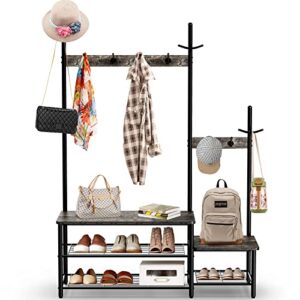 parent-child hall tree coat rack shoe bench entryway sturdy shoe rack storage shelf organizer, 3-in-1 functional hall tree industrial rustic wood metal furniture for entrance, foyer, mudroom