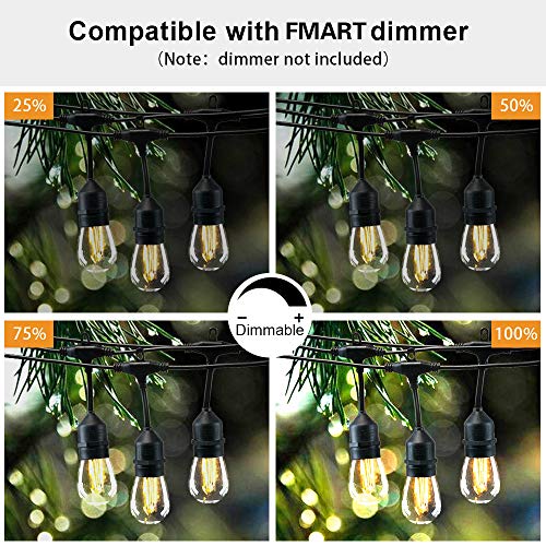 FMART LED Outdoor String Lights, 1 * 48FT Hanging Lights Dimmable Commercial Grade UL ETL Listed Waterproof, 16 Sockets 2W 2700K Shatterproof Edison S14 Bulbs(1 Spare) Heavy Duty Porch Garden Lights