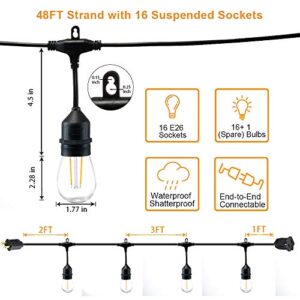 FMART LED Outdoor String Lights, 1 * 48FT Hanging Lights Dimmable Commercial Grade UL ETL Listed Waterproof, 16 Sockets 2W 2700K Shatterproof Edison S14 Bulbs(1 Spare) Heavy Duty Porch Garden Lights