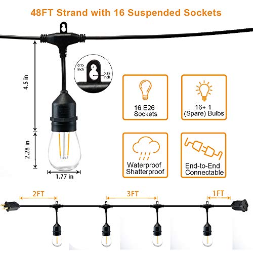 FMART LED Outdoor String Lights, 1 * 48FT Hanging Lights Dimmable Commercial Grade UL ETL Listed Waterproof, 16 Sockets 2W 2700K Shatterproof Edison S14 Bulbs(1 Spare) Heavy Duty Porch Garden Lights