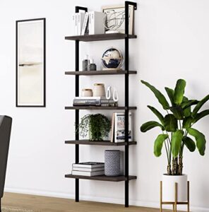nathan james theo 5-shelf wood modern bookcase, open wall mount ladder bookshelf with industrial metal frame, dark brown nutmeg/black