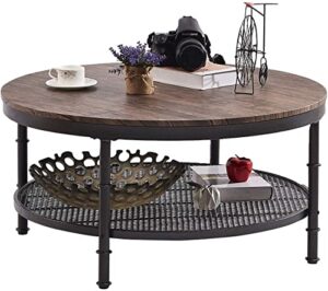 greenforest coffee table round 35.8 inch industrial 2-tier sofa table with storage open shelf and metal legs for living room, dark walnut