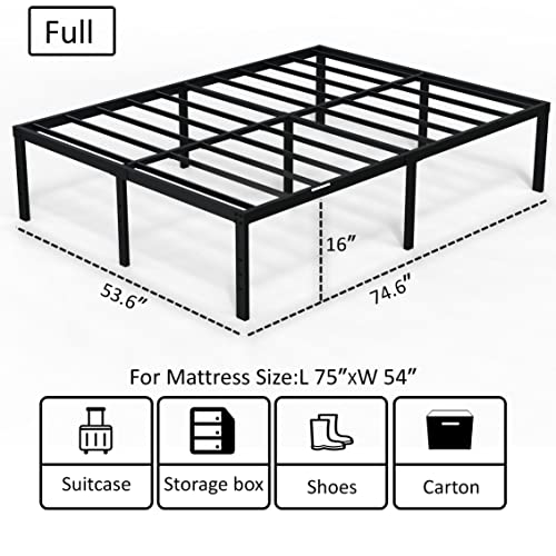 EMODA Full Size Bed Frame 16 Inch Heavy Duty Metal Platform Beds No Box Spring Needed with Sturdy Steal Slats Mattress Foundation, Easy Assembly, Noise Free, Black