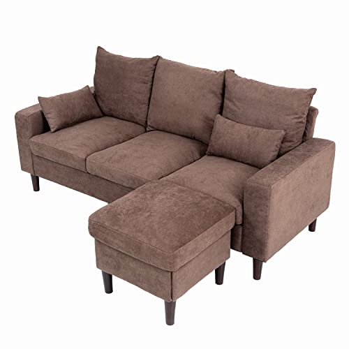 Panana Convertible Sectional Sofa Small Couch L-Shaped 3 Seat Linen Fabric Sofa for Small Space (Brown)