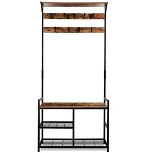 HOMEKOKO Coat Rack Shoe Bench, Hall Tree Entryway Storage Bench, Wood Look Accent Furniture with Metal Frame, 3-in-1 Design (Rustic Brown)