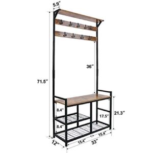 HOMEKOKO Coat Rack Shoe Bench, Hall Tree Entryway Storage Bench, Wood Look Accent Furniture with Metal Frame, 3-in-1 Design (Rustic Brown)