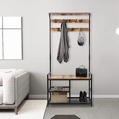 HOMEKOKO Coat Rack Shoe Bench, Hall Tree Entryway Storage Bench, Wood Look Accent Furniture with Metal Frame, 3-in-1 Design (Rustic Brown)