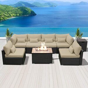 sun peak fire table set sectional outdoor furniture propane firepit dark brown rattan multi colors outdoor sofa set (light beige rectangular table)