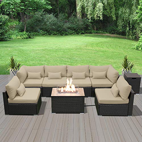 Sun peak Fire Table Set Sectional Outdoor Furniture Propane Firepit Dark Brown Rattan Multi Colors Outdoor Sofa Set (Light Beige Rectangular Table)