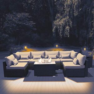 Sun peak Fire Table Set Sectional Outdoor Furniture Propane Firepit Dark Brown Rattan Multi Colors Outdoor Sofa Set (Light Beige Rectangular Table)