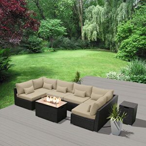 Sun peak Fire Table Set Sectional Outdoor Furniture Propane Firepit Dark Brown Rattan Multi Colors Outdoor Sofa Set (Light Beige Rectangular Table)