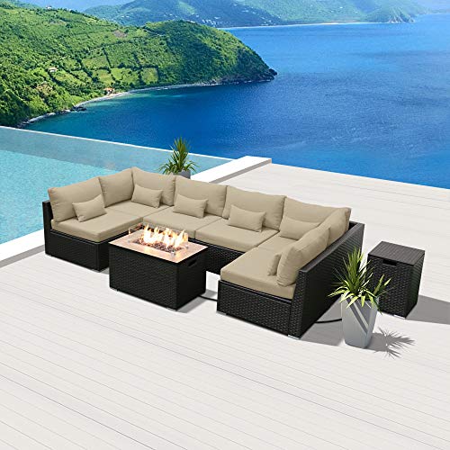 Sun peak Fire Table Set Sectional Outdoor Furniture Propane Firepit Dark Brown Rattan Multi Colors Outdoor Sofa Set (Light Beige Rectangular Table)