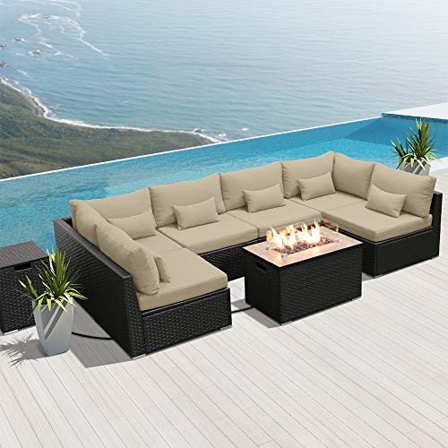 Sun peak Fire Table Set Sectional Outdoor Furniture Propane Firepit Dark Brown Rattan Multi Colors Outdoor Sofa Set (Light Beige Rectangular Table)