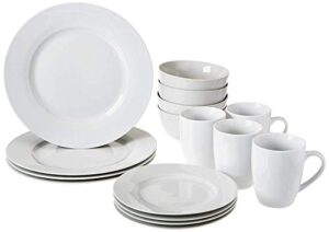 amazon basics 16-piece porcelain kitchen dinnerware set with plates, bowls and mugs, service for 4 – white