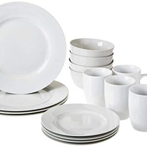 Amazon Basics 16-Piece Porcelain Kitchen Dinnerware Set with Plates, Bowls and Mugs, Service for 4 - White