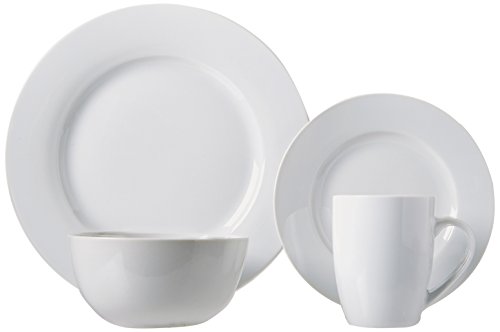 Amazon Basics 16-Piece Porcelain Kitchen Dinnerware Set with Plates, Bowls and Mugs, Service for 4 - White