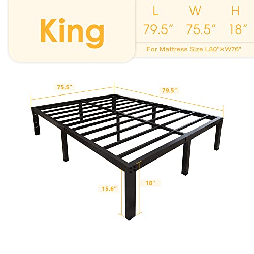 yookare 18 Inch Tall and Strong Platform Metal Bed Frame/ Easy Assembly Mattress Foundation/ 4000lbs Heavy Duty Frame with Steel Slat Support/ No Noise/ No Box Spring Needed, King