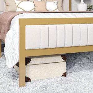 HOMBCK Full Size Bed Frame with Headboard and Footboard, Platform Bed Frame Full with Velvet Tufted Headboard, No Box Spring Needed, Strong Metal Slat Support, Easy Assembly, White & Gold