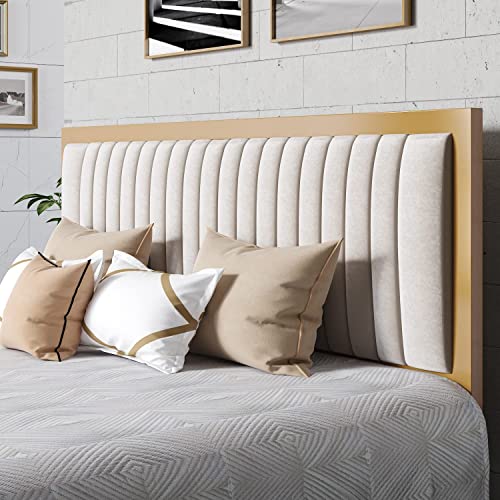 HOMBCK Full Size Bed Frame with Headboard and Footboard, Platform Bed Frame Full with Velvet Tufted Headboard, No Box Spring Needed, Strong Metal Slat Support, Easy Assembly, White & Gold