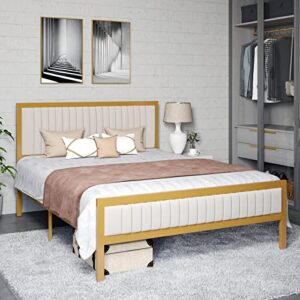 HOMBCK Full Size Bed Frame with Headboard and Footboard, Platform Bed Frame Full with Velvet Tufted Headboard, No Box Spring Needed, Strong Metal Slat Support, Easy Assembly, White & Gold