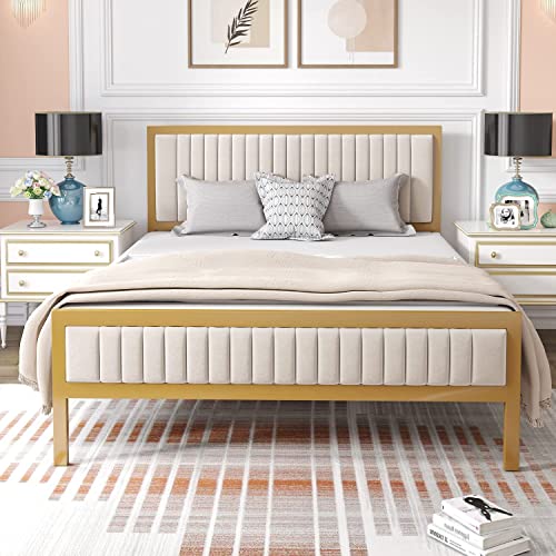 HOMBCK Full Size Bed Frame with Headboard and Footboard, Platform Bed Frame Full with Velvet Tufted Headboard, No Box Spring Needed, Strong Metal Slat Support, Easy Assembly, White & Gold