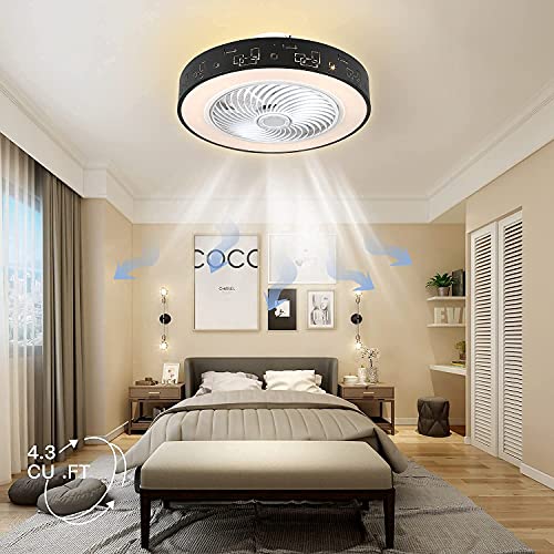 JUTIFAN Modern Enclosed Ceiling Fan with Lights Remote Control, Dimmable 3 Color Adjustable Low Profile Ceiling Fan, 1H/2H Timing, Black Ceiling Fans 72W Bladeless Ceiling Fan with Light for Kitchen