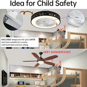 JUTIFAN Modern Enclosed Ceiling Fan with Lights Remote Control, Dimmable 3 Color Adjustable Low Profile Ceiling Fan, 1H/2H Timing, Black Ceiling Fans 72W Bladeless Ceiling Fan with Light for Kitchen