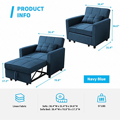 Mjkone 71 Inch Convertible Chairs Sofa Bed, 3-in-1 Pull Out Folding Sleeper Chair, Multi-Functional Adjustable Foldable Sofa Bed, Futon Chairs for Bedroom/Living Room/Office (Navy Blue)