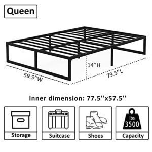 Yitong Angel 14 Inch Queen Bed Frame,3500 lbs Heavy Duty Metal Platform, Steel Slats Support/No Box Spring Needed/Noise Free/Non-Slip/Easy Assembly