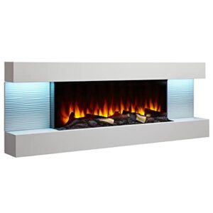 simplifire 60-inch format floating mantel wall mount electric fireplace | finished white mantel | log & crystal hearth options | 1500 watt heater | remote control included